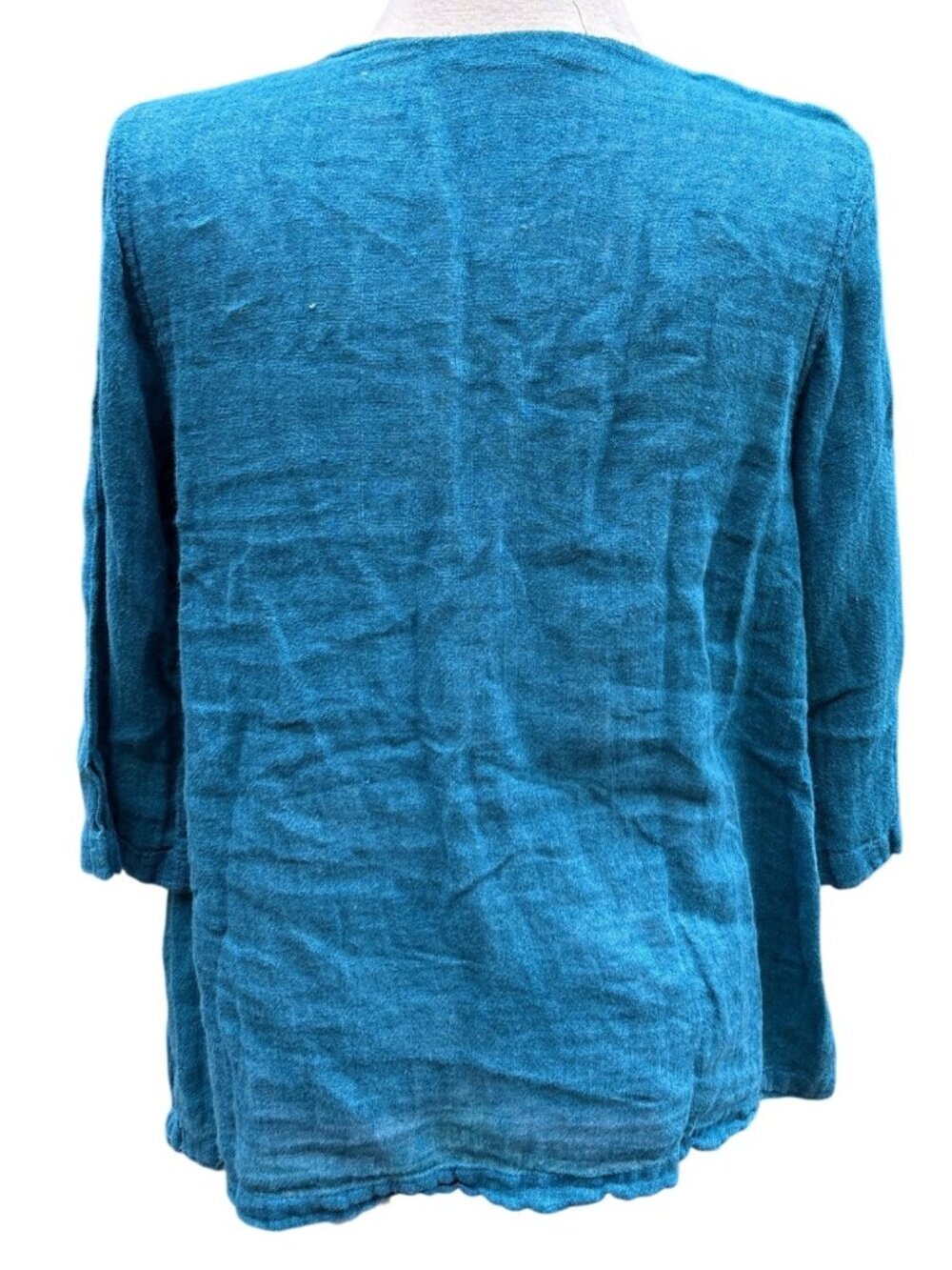 Flax Womens Medium Blue 100% Linen Blouse With 3/4 Sleeves Split Front Design - Picture 2 of 9